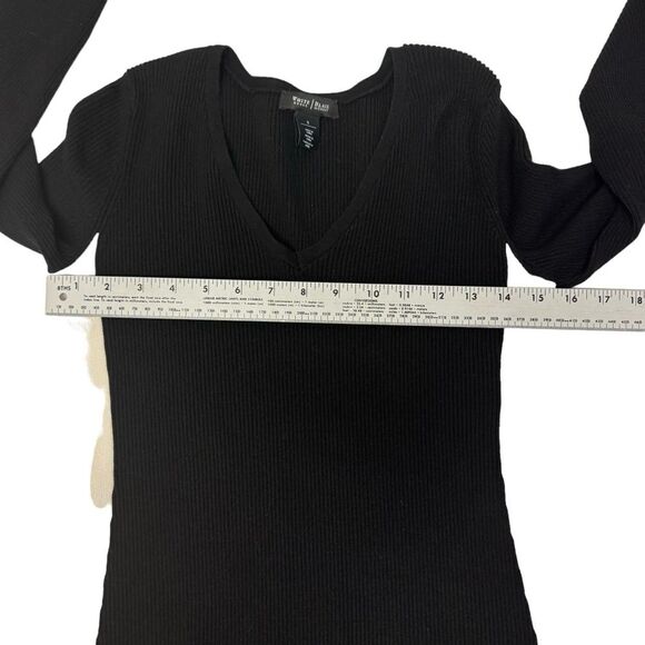 Black Ribbed Knit Bodycon Mini Dress Long Sleeve V Neck - Picture 6 of 7